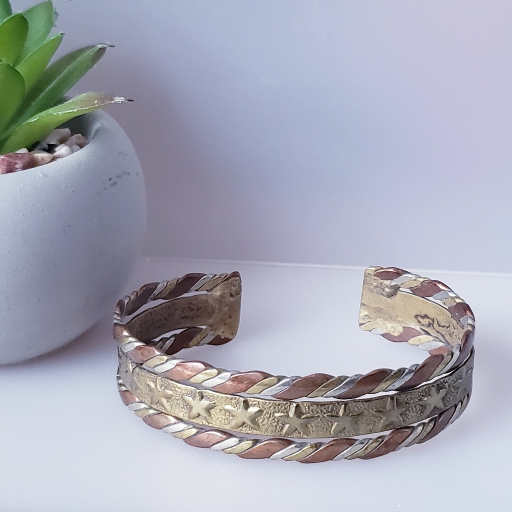 Vintage Handcrafted Mixed Metals ( Silver/Copper/Brass) Cuff Bracelet W/Stars